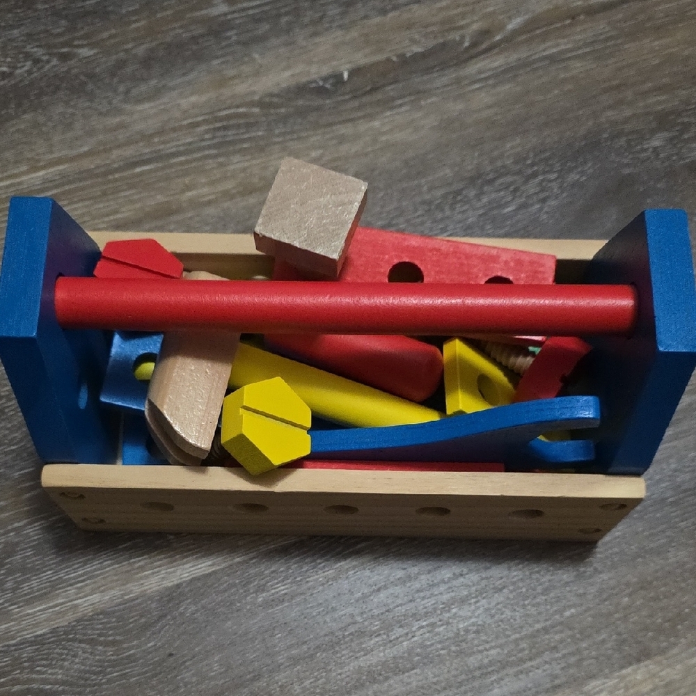 Red and Blue Building Blocks Set with Wooden Toolbox